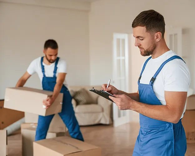 Responsable SereniMove supervisant une intervention de déménagement Responsable SereniMove avec clipboard supervisant son équipe lors d'une intervention de déménagement à domicile