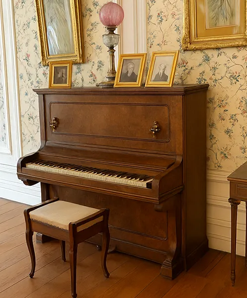 Piano ancien avec photos de famille et objets de collection dans une maison en succession — SereniMove, évaluation et déduction sur facture en Brabant wallon et Hainaut